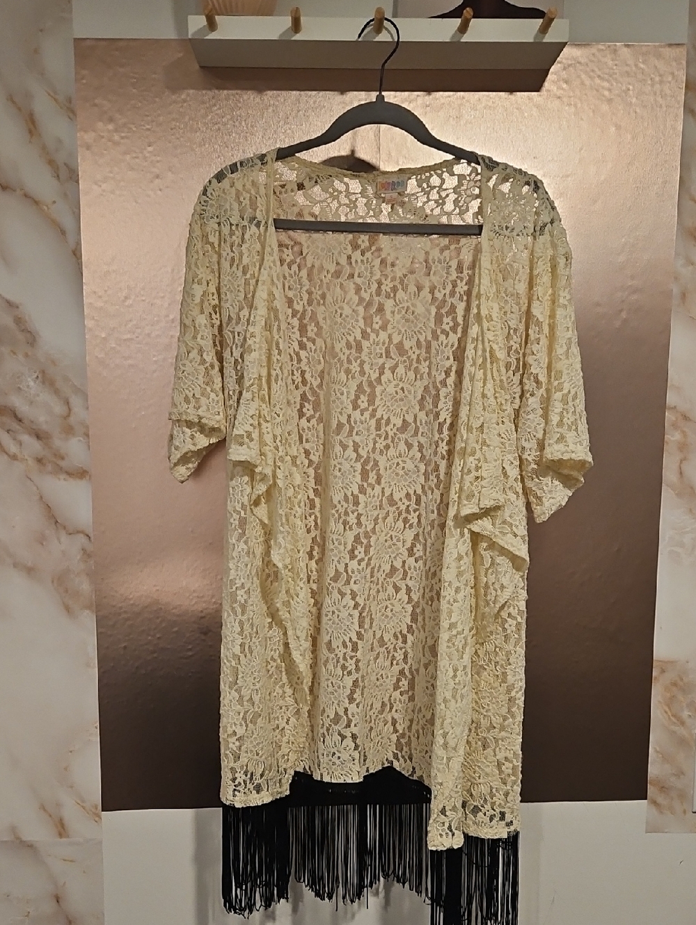 LuLaRoe Cream Lace Kimono with Black Fringe